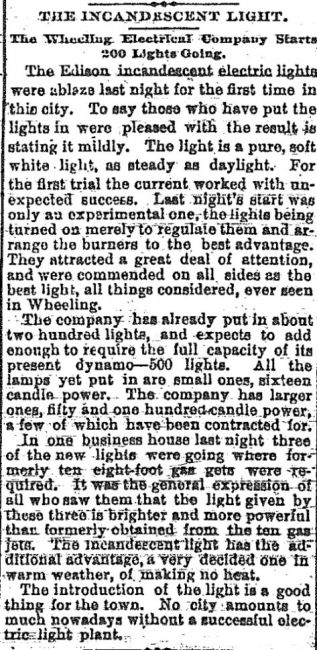 Incandescent light comes to Wheeling, 1887, image of the original Intelligencer news story.