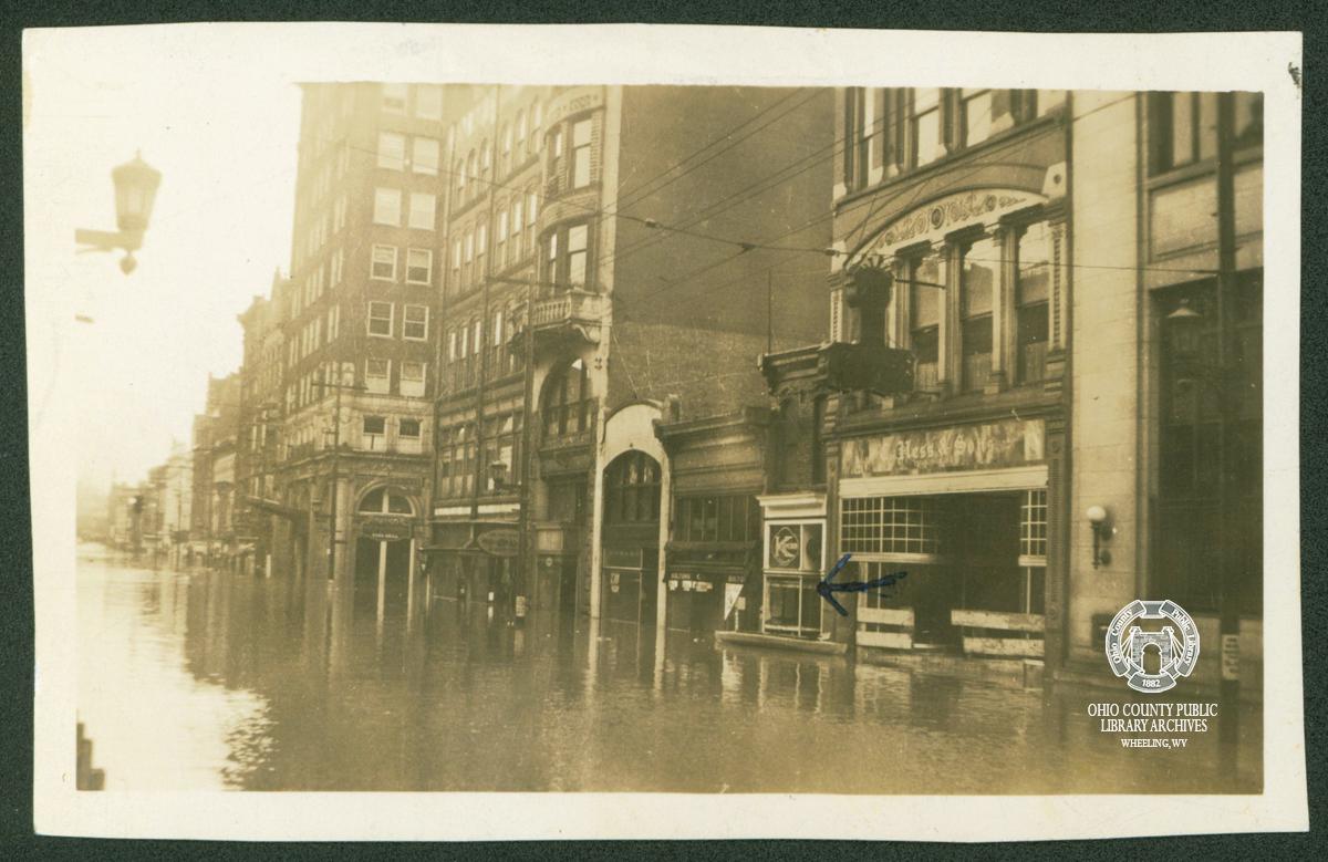Wheeling Karmelkorn Shoppe on Market Street, Wheeling, WV during 1936 Flood, H. Clyde Bowden Photographs, OCPL Archives