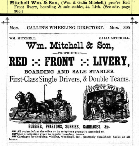 Advertisement from Callin's Wheeling City Directory, 1892: Wm. Mitcheel & Son, Red Front Livery