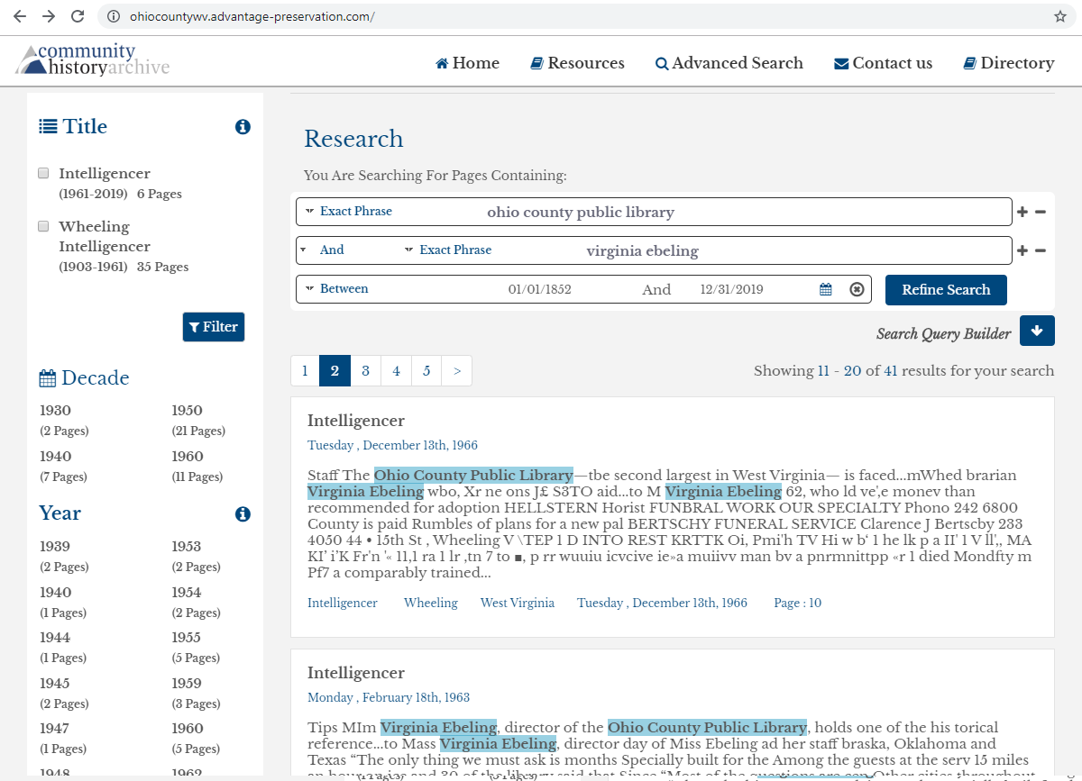 Example of a search using the Advantage Preservation interface for Ohio County Public Library's online Newspaper Archive