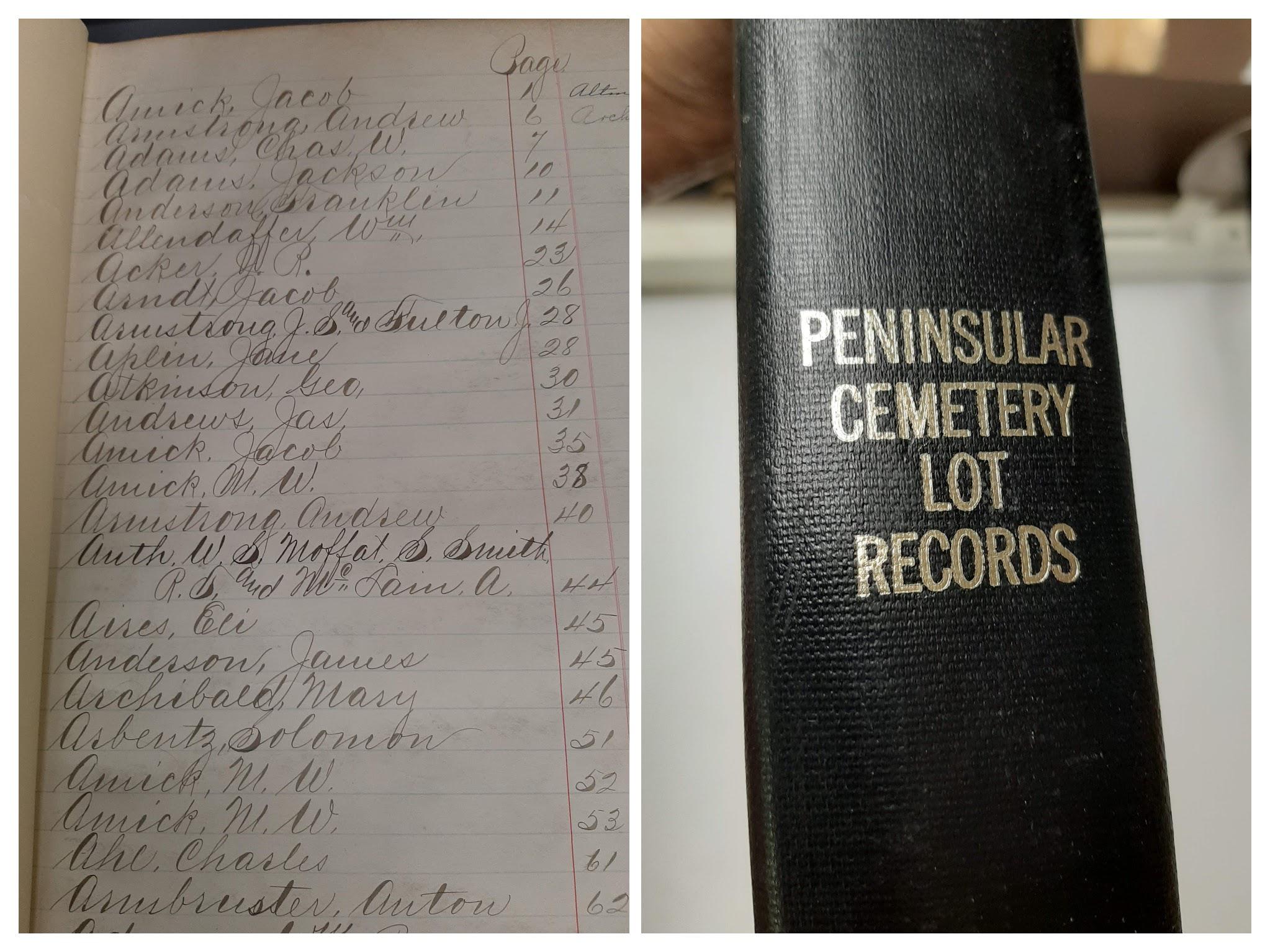 Peninsular Cemetery Lot Record Book, OCPL Archives