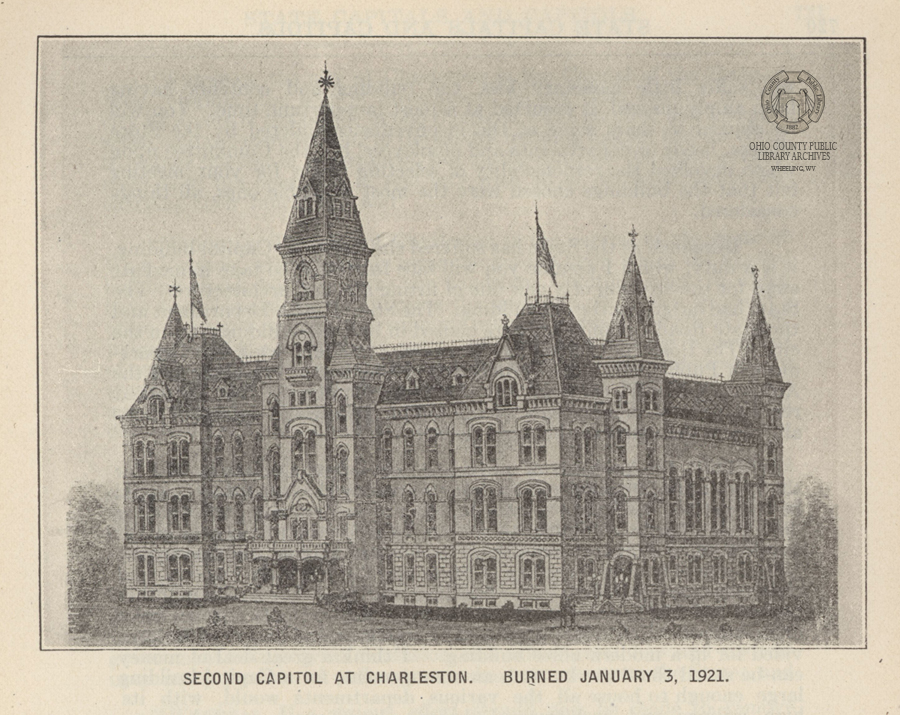 Second State Capitol Building in Charleston. - Image from WV Blue Book, 1922. Collections of the Ohio County Public Library.