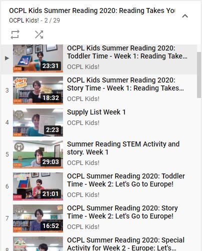 OCPL Kids Summer Reading 2020 Playlist on Youtube