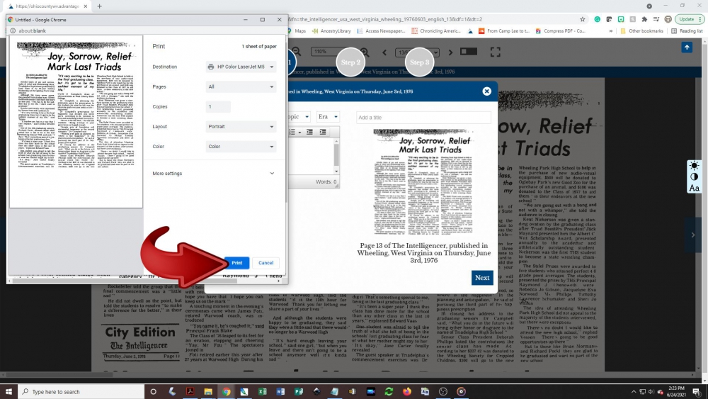 Creating a newspaper clipping - step 6: Another pop-up box will appear on the screen showing you a preview of the print-out. Click the 