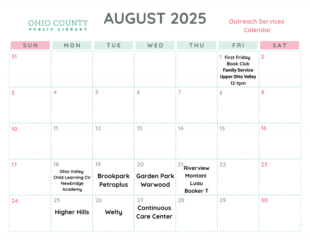 July 2025 Outreach Services Calendar