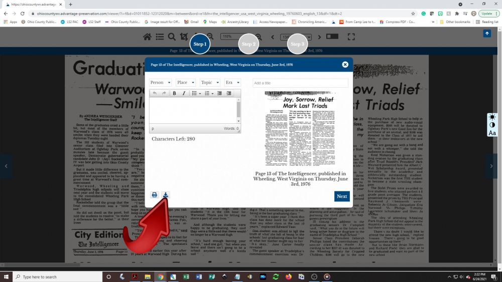 Creating a newspaper clipping - step 9: A pop-up box will appear on the screen. Wait for the image of the article to appear, then click the download button.