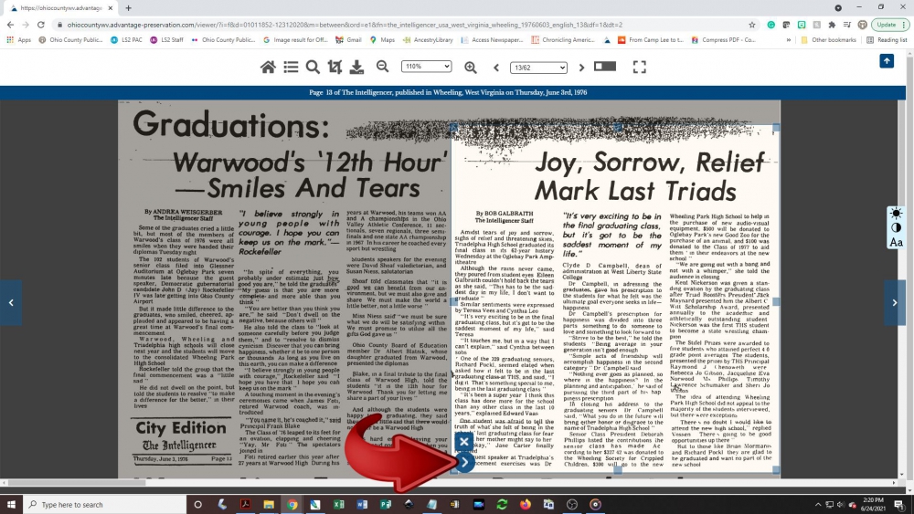 Creating a newspaper clipping - step 4: To print the article, click on the arrow button in the lower-left corner of the cropping box.