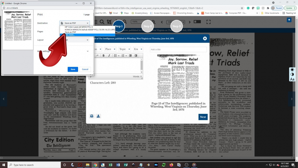 Creating a newspaper clipping - step 6: To download as a pdf, click the destination/printer box and look for the 