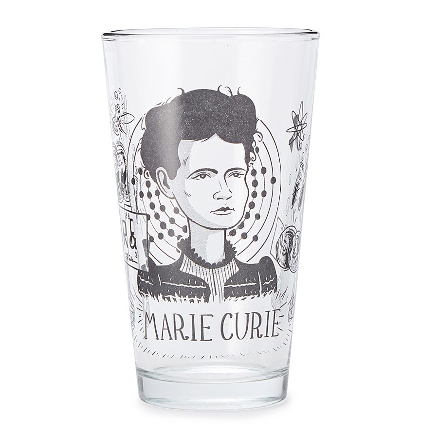This Famous Scientist Tumbler of Marie Curie Pint Glass will be raffled off during class 5