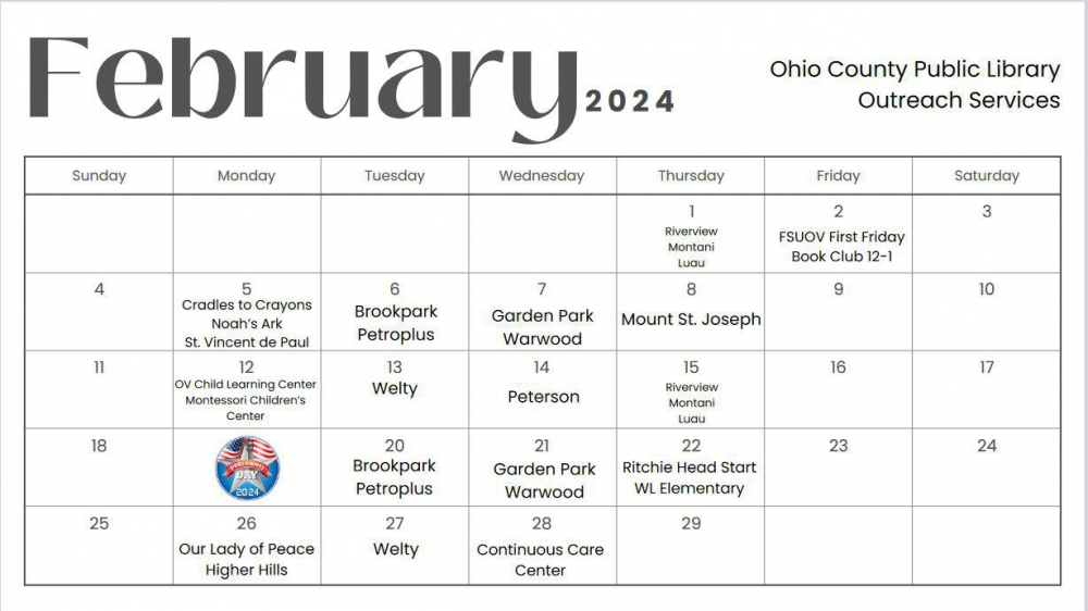 February 2024 Outreach Services Calendar