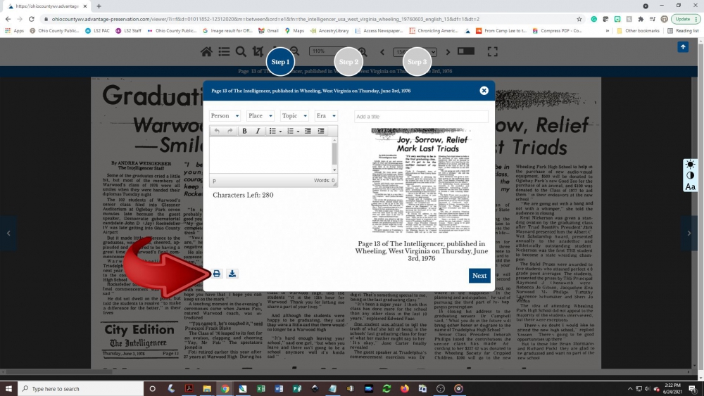 Creating a newspaper clipping - step 5: A pop-up box will appear on the screen. Wait for the image of the article to appear, then click the printer button.