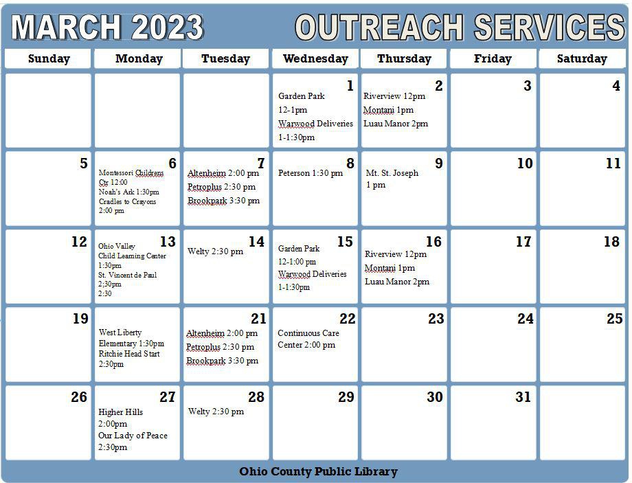March 2023 Outreach Services Calendar