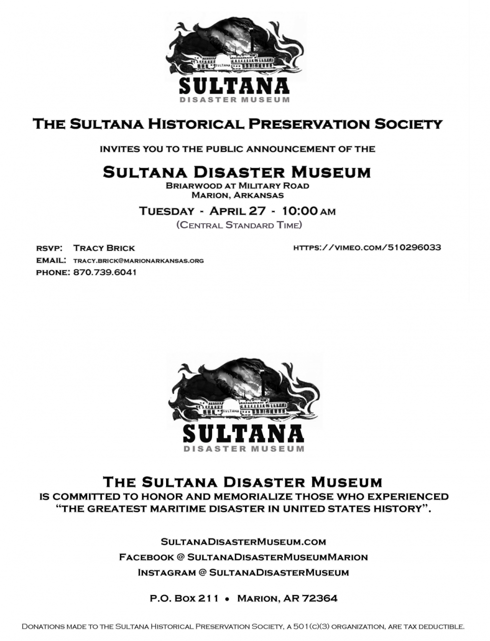 Sultana Disaster Museum Announcement