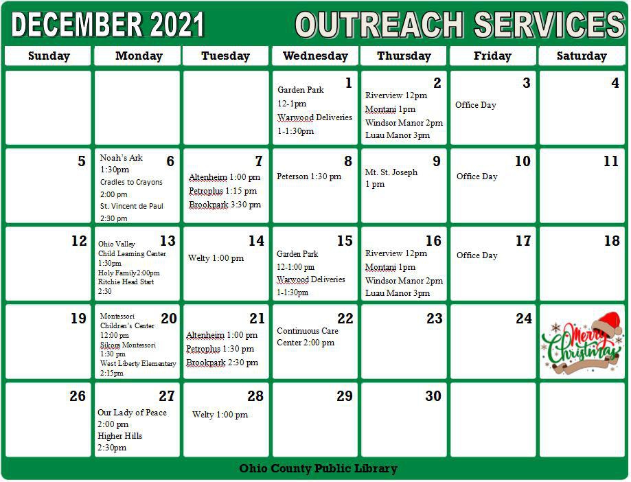 December 2021 Outreach Services Calendar