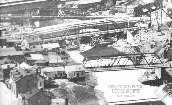 Close up of W. C. Brown photo showing bridges over Wheeling Creek