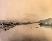 View from the Steel Bridge looking south showing the Belmont Mill and the Pontoon Bridge to the fairground.