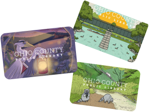 Three library card designs, featuring ducks in water under a bridge, a bird with a lantern, and racoons on a creek bed.