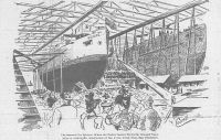 Engraving from the Wheeling Daily Intelligencer, March 18, 1897: Launching of the U.S.S. Wheeling. Caption -- Scene at the Moment the Twins Started Down the Greased Way