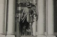 Still from film of Charles Lindbergh's visit to the Louis Bennett, Jr. Aviator monument on the Linsly campus on August 4th, 1927. Wemple Films collection at the Ohio County Public Library Archives.