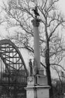 The Pollack monument at its second location near the Fort Henry Bridge. The monument has since been moved to Wheeling Heritage Port. 