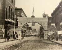 The arch erected for the reunion of the Grand Army of the Potomac on 12th and Market Street.