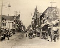 Main Street Looking North, when town was fully decorated for Columbian Day, October 21, 1892. Made from 16th Street.