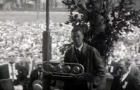 Still from film of Charles Lindbergh's visit to the Louis Bennett, Jr. Aviator monument on the Linsly campus on August 4th, 1927. Wemple Films collection at the Ohio County Public Library Archives.