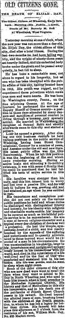 Obituary of Elijah Day from the Wheeling Intelligencer, 1887