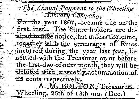 1807 Announcement of Wheeling Library Company